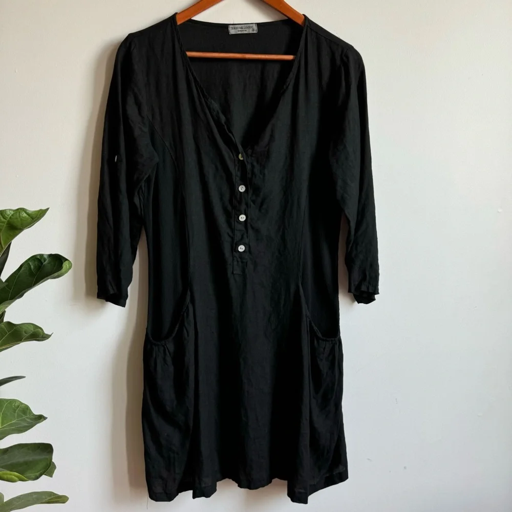Terzo Millenio Black Linen Cotton Mini Dress Size M Made In Italy V Neck - Picture 1 of 8